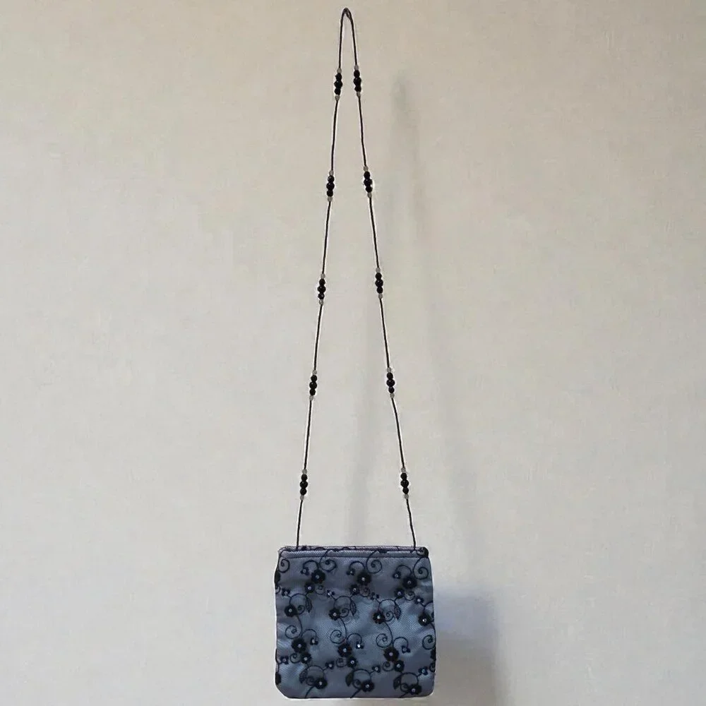 Black Lace Silver Satin Embellished Black Glass Beaded Strap Evening Bag Purse